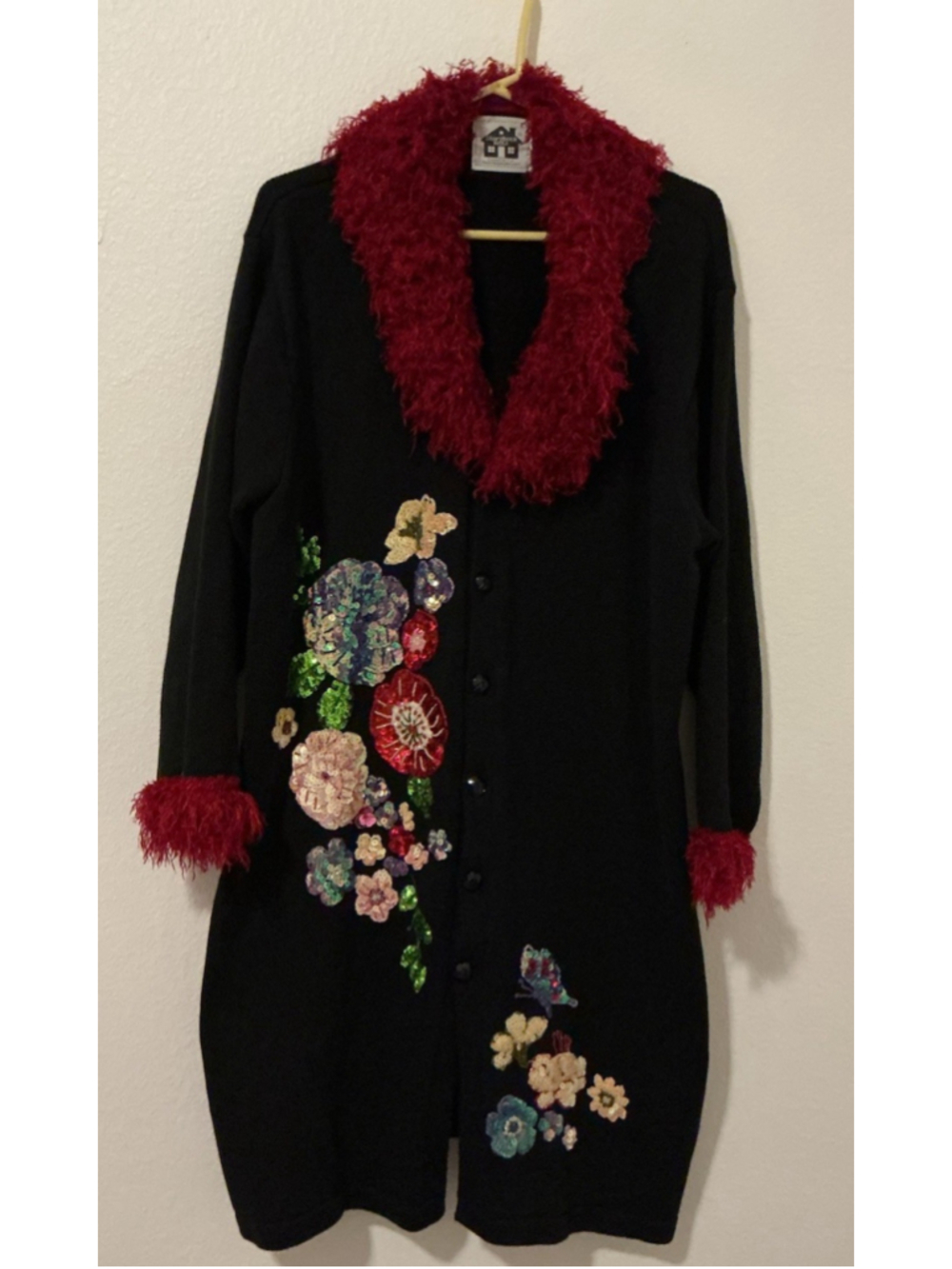 VTG Storybook Knits Cardigan 1X Plus Black Sequin Floral Butterfly Red Fur Colla